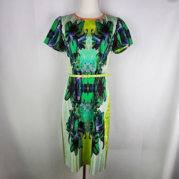 Elie Tahari Angie Lime Green Mirror Orchid Sheath Midi Dress US 10 Maximalism - Picture 7 of 13